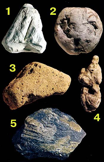 Каолін (порцеляновий глина) (1) складається з мінералу каолініту (водного силікату алюмінію)
