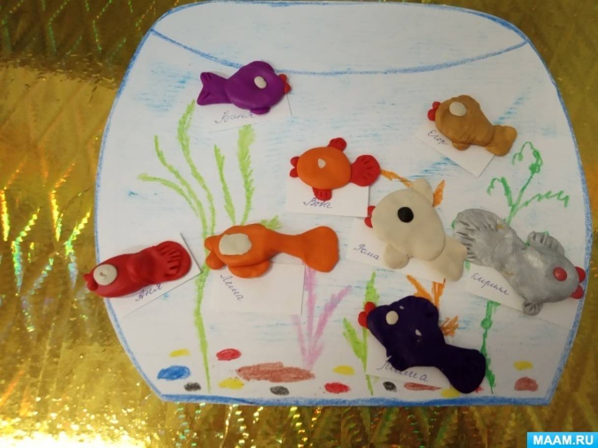 Конспект заняття «Рибки плавають в акваріумі» в молодшій групі   Мета: Створення умов для розвитку вміння відщипувати маленький шматочок пластиліну скачувати його в кульку і розплющувати на папері