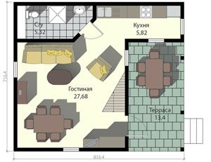 Класична планування дачного будинку має на увазі розташування на першому поверсі тераси, кухні, гостинного приміщення, їдальні та ванної кімнати