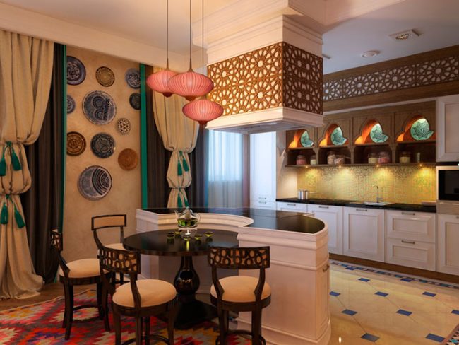 Оформлення кухні в арабському стилі можливо тільки при наявності великого кімнатного простору, оскільки цьому стилю характерна наявність значної кількості декоративних елементів